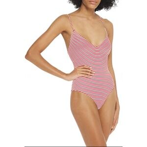 Melissa Odabash Catalina Lace-Up Striped Stretch-Piqué Nautical Red Sz US 6